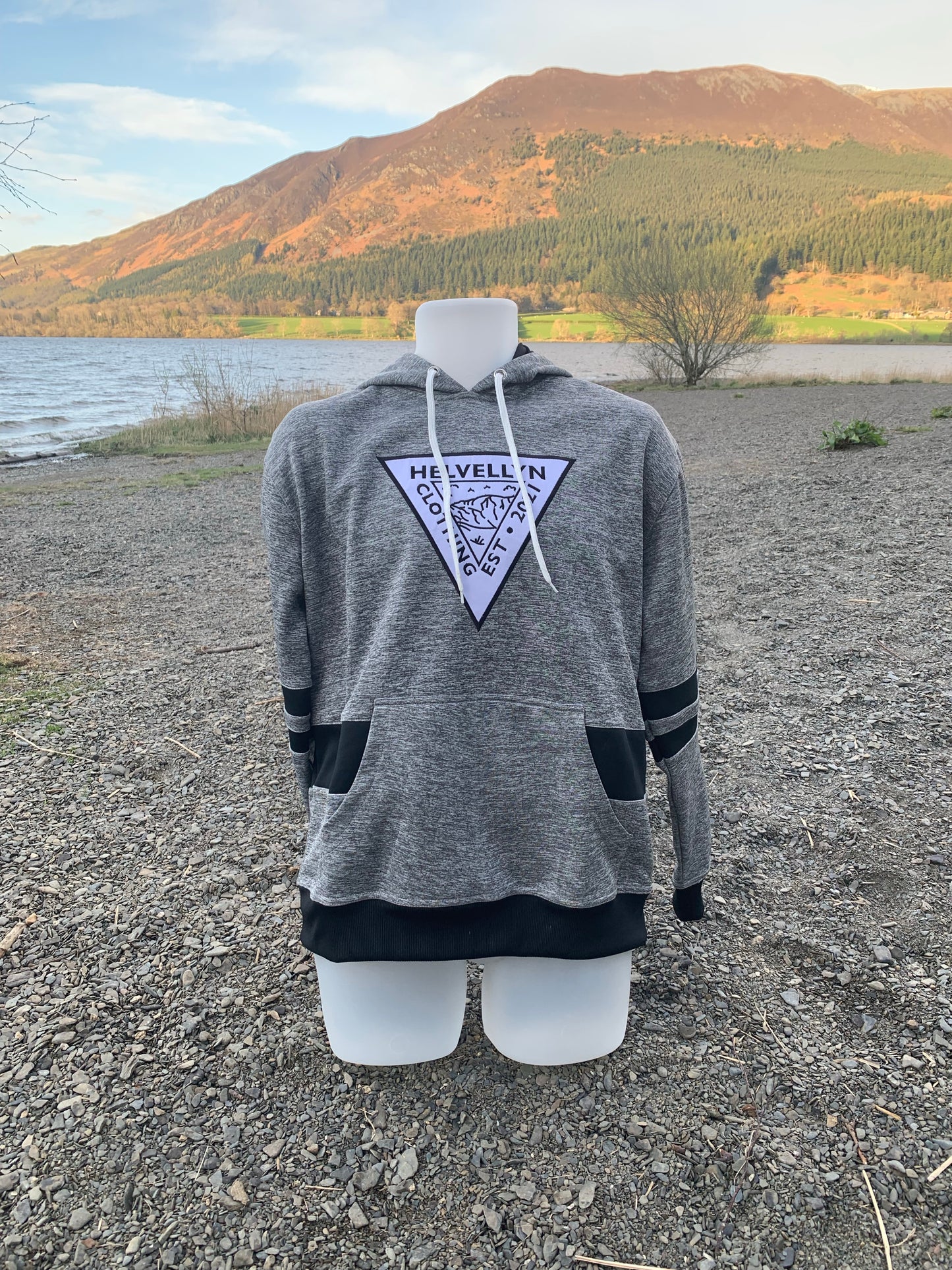 Grey hoodie black stripes on sleeves