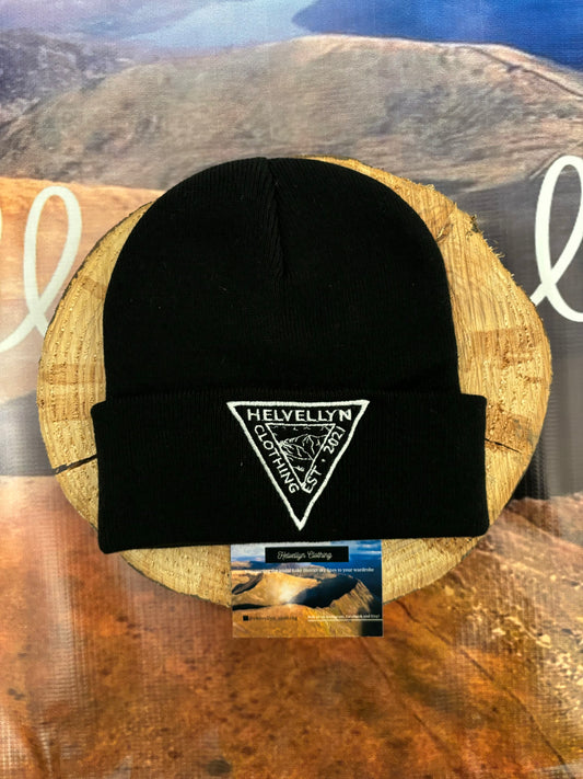 Black wooly turn up hat with stitched logo