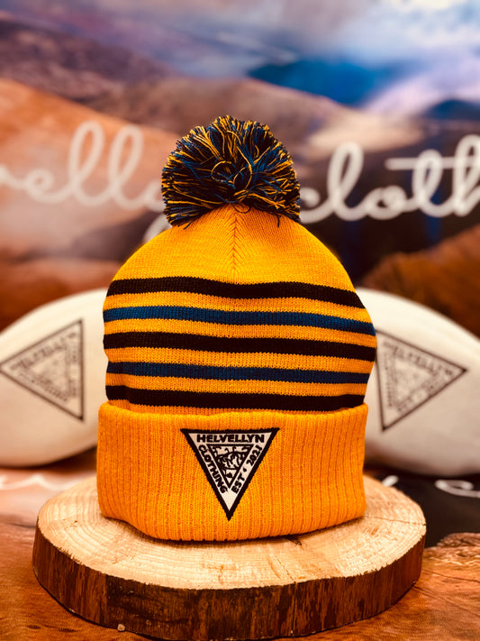 Helvellyn bobble hat, dark orange body with blue and brown stripes