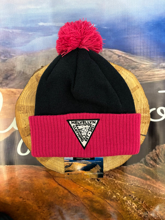 Pink and black turn up bobble hat with embroidered logo
