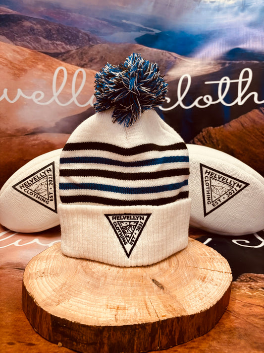 Helvellyn bobble hat, white body with brown and blue stripes