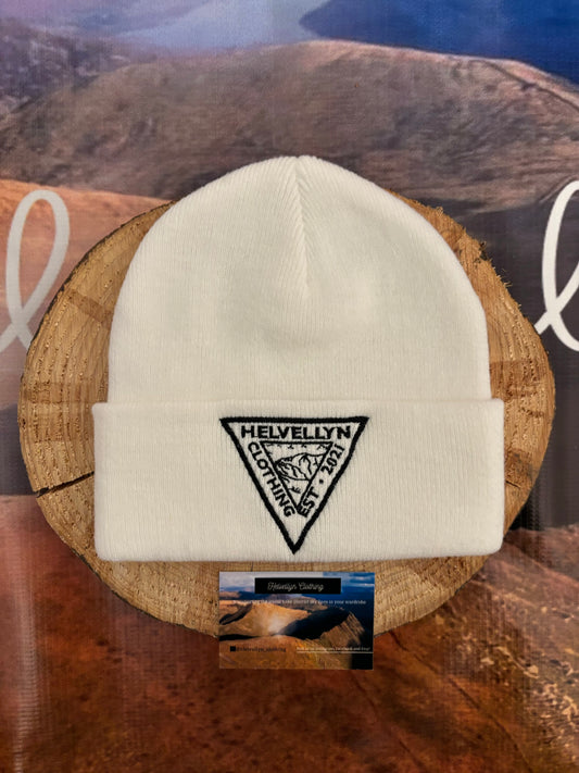 White turn up wooly hat with black stitched logo