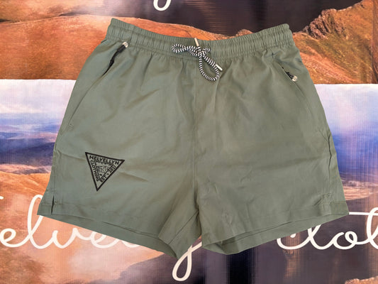 Khaki green zip pocket shorts, black embroidered logo