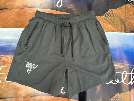 Grey zip pocket shorts, white embroidered logo