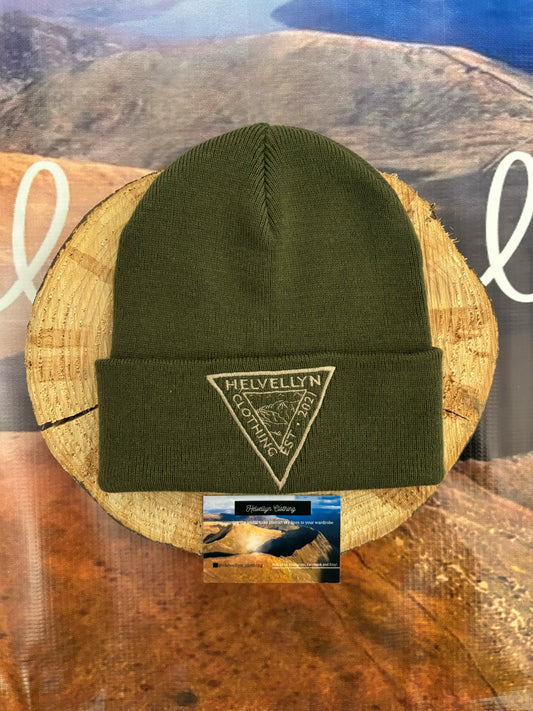 Khaki green turn up wooly hat with gold stitched logo