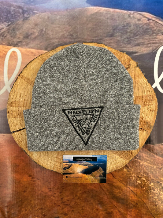Grey turn up wooly hat with black stitched logo