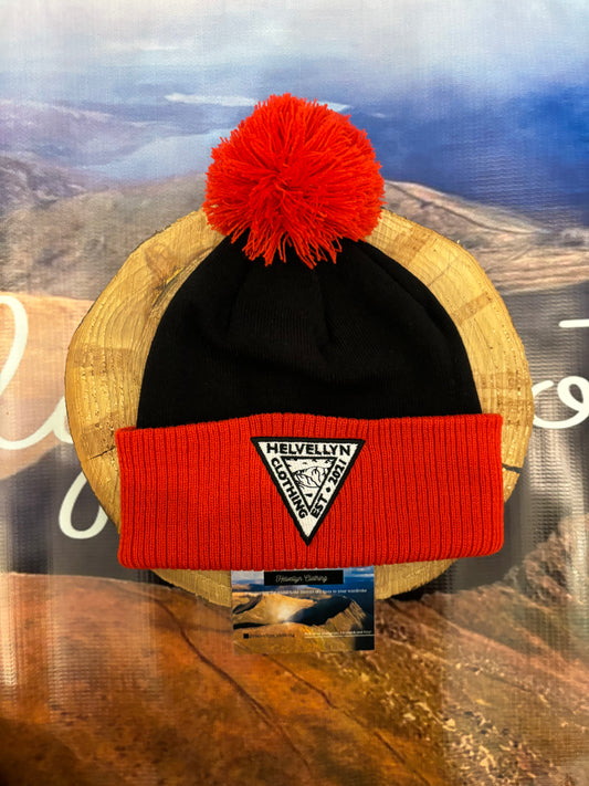 Red and black turn up bobble hat, embroidered logo
